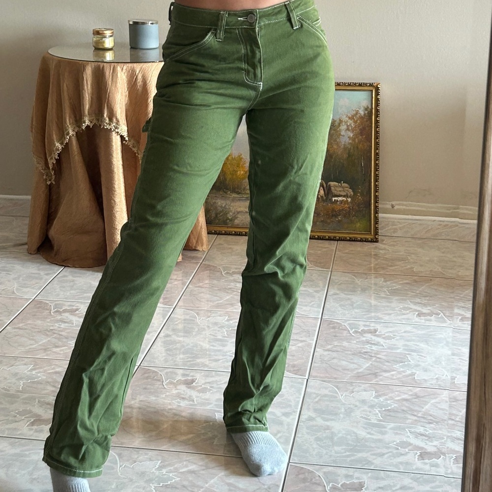 Green Dickies Carpenter Pants with white stitching